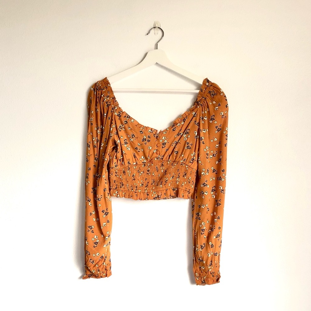 NWT Elodie Marigold / Blue Floral Smocked Long Sleeve Crop Top Size XL